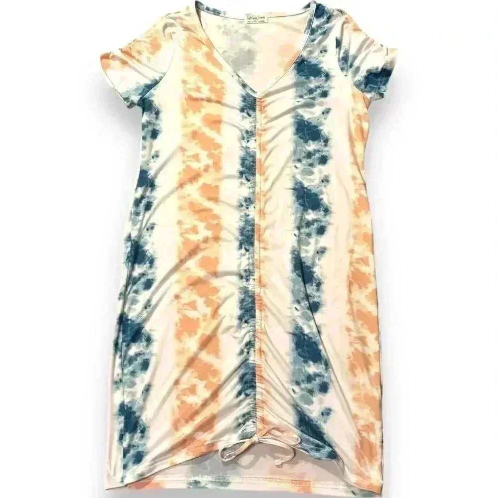 Full Circle Trends Knee Length Teal/Peach/White Tie Dye Rouched T-Shirt dress XL - Picture 6 of 14